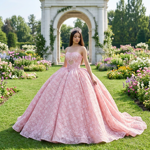 Vestidos de Quinceañera Rosa de Gasa Dy8549, Vestido de Fiesta de Princesa con Lentejuelas y Escote Corazón para Niñas, Vestidos de 15 Años - Product Image 1