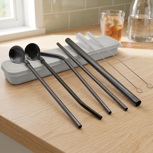 Reusable Metal <b>Drinking</b> <b>Straws</b> Set with Spoon and Cleaning Brush 4-Pack Minimalist Cocktail Bar Accessories - Product Image 2