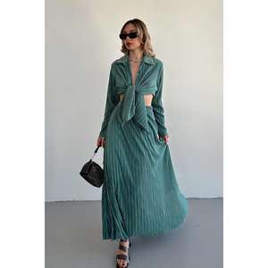 Conjunto de lino 100% al por mayor, color menta, de pana, talla XS, informal, de una pieza con pantalón de pierna ancha y top liso, atuendo tejido hasta el tobillo. - Product Image 5