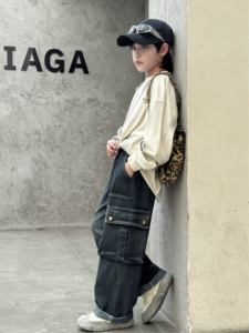 Pantalones cargo de mezclilla holgados para niños con múltiples bolsillos-Cintura elástica informal, azul oscuro, actividades y estilo diario, perfecto - Product Image 3