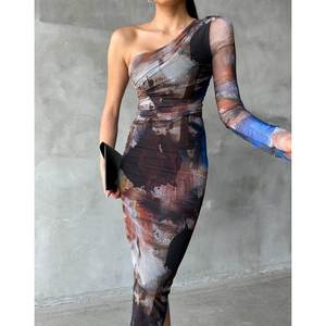 Vestido de Tul Beige de Una Manga con Lentejuelas y Cuentas, Cuello Alto, Silueta en A, Largo hasta el Suelo, Talla XL, para Fiestas Formales de Noche, Invierno - Product Image 4