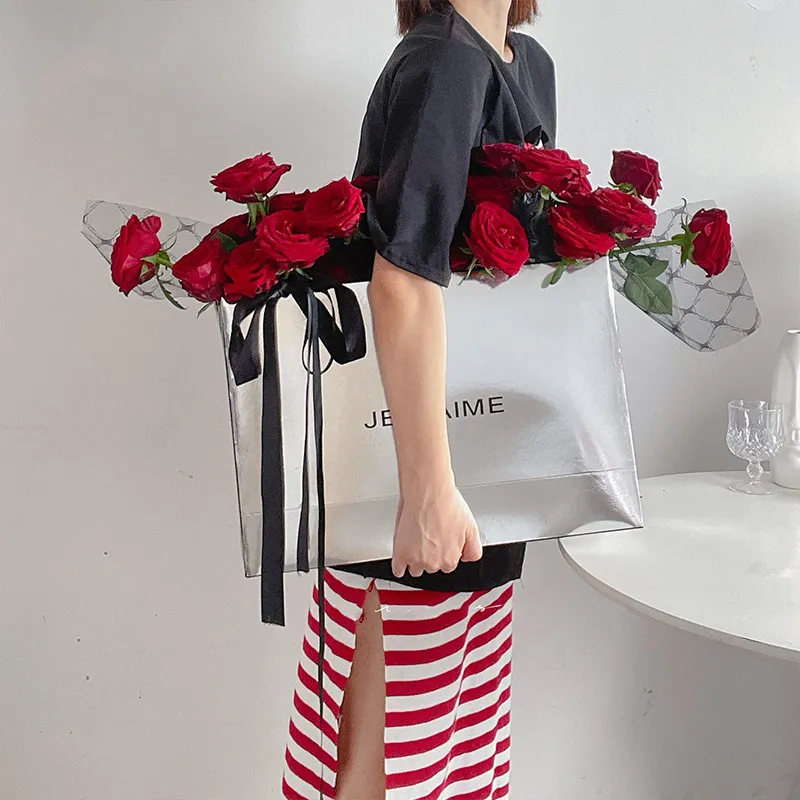 휴대용 거울 마무리 실버 꽃 캐리어 가방 장미 꽃다발 꽃집 꽃 포장 포장 종이 가방 상자 핸들