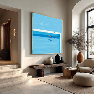 Impression d'art minimaliste sur toile avec cadre en bois, scène de piscine bleue d'été, décoration murale intérieure, peintures de natures mortes modernes - Product Image 1
