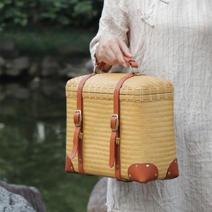 <b>Bamboo</b> Woven Tea Storage Basket 40x40x25cm Rectangle With Leather Straps For Tea Ceremony - Product Image 1