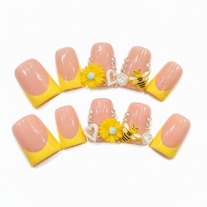 Faux ongles à presser jaunes et roses, prédécoupés, couvrance totale, avec colle, motif floral et abeille pour femmes - Product Image 2