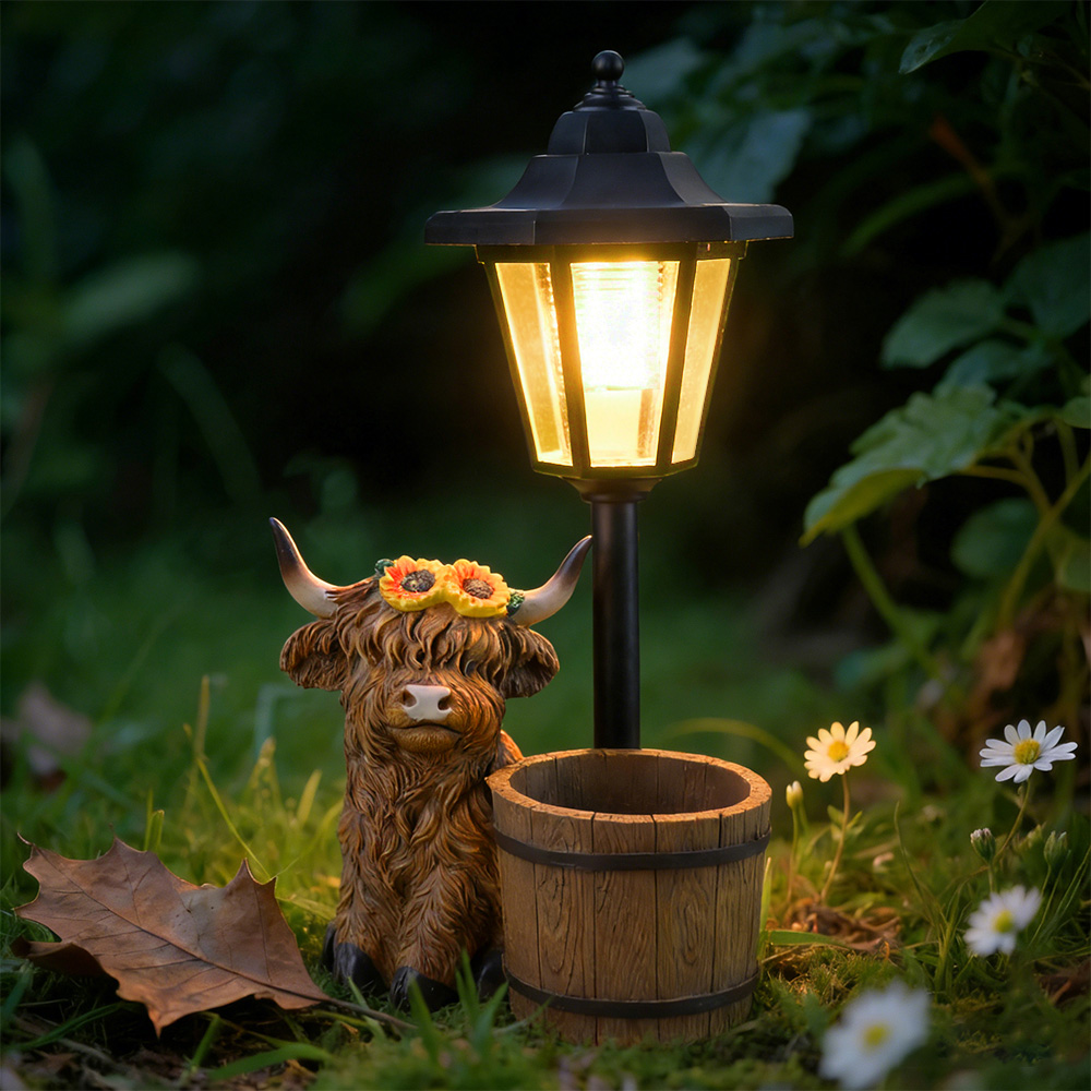 Solar-Powered Resin Highland Cow Lantern Planter Hand-painted Dual