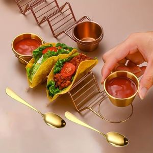 Support de tacos en acier inoxydable doré avec cuillères et coupelles à sauce, plateau de service en métal pour tacos, idéal pour la cuisine mexicaine (vente en gros) - Product Image 3