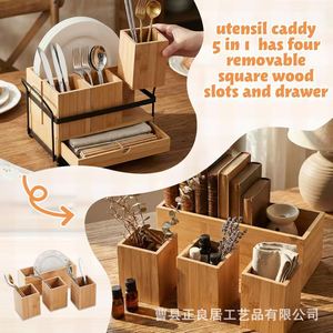 Wooden Cutlery <b>Storage</b> <b>Box</b> With Drawer Multi Functional <b>Kitchen</b> Organizer Rectangular Standing Type - Product Image 1