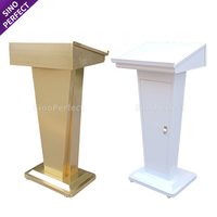 Podio de Lujo para Conferencias, Atril para Discursos en Hoteles y Banquetes, Púlpito de Acero Inoxidable Blanco y Dorado para Eventos y Bodas