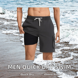 Shorts de bain pour hommes, couleurs unies, 2 en 1, extensibles dans quatre directions, poche pour téléphone, plage, séchage rapide, 100% polyester, taille élastique - Product Image 2
