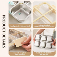 Boîte à bento en acier inoxydable 304 à six compartiments amovibles, récipient de rangement scellé pour collations, noix, fruits, camping, pique-nique