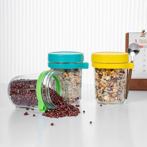 Venta al por mayor de tarros de vidrio Mason de boca ancha vacíos de 10 oz para desayuno, recipientes para avena remojada con tapas y cucharas - Product Image 5