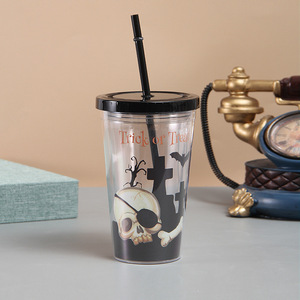 450ml Trick Or Treat Skull Cross Tomb Bat Print Double Wall Clear Plastic Tumbler with Black Flat Lid & Matching Black Straw - Product Image 3
