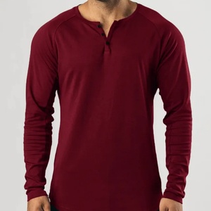 Camiseta Henley Vintage Color Vino Tinto, Manga Larga, Color Sólido, Deportiva, Fitness, Algodón Puro, Elástica, Cuello en V - Product Image 4