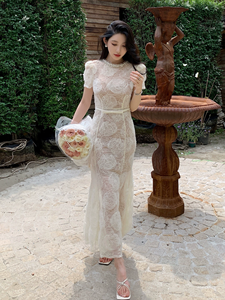 Abito da Sera <span class=keywords><strong>Lungo</strong></span> in Pizzo 2026 Moda Primaverile Donna Decorazione con Perline Motivo Floreale in Pizzo Manica Corta Bianco <span class=keywords><strong>Nero</strong></span> Abito Aderente - Product Image 5