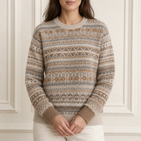 Maßgefertigter Damen-Fair-Isle-Strickpullover mit Rundhalsausschnitt, Mehrfarbig Creme-Braun, Diamantmuster, OEM ODM Fabrik
