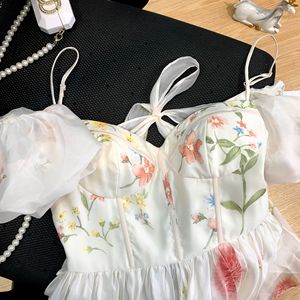 <span class=keywords><strong>Xiaoxiao</strong></span> Blush rose imprimé fleuri robe manches bouffantes col en V bretelles spaghetti style français-une longue robe de soirée à la mode pour le voyage - Product Image 4