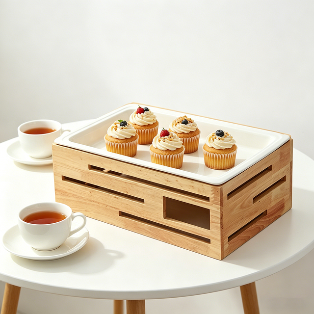 FLEY Multi-layer Wooden Food Display Stand with Ceramic Plate Wedding Buffet Dessert Cake Riser for Hotel Catering Table Decor