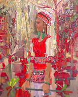 Peinture à l'huile murale sur toile faite à la main, vue sur rue de bâtiments rouge vif, style ethnique moderne, décoration intérieure pour la maison, Ramadan, mariage