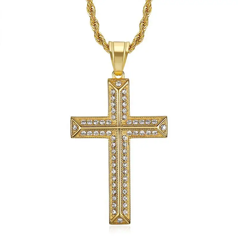 Religious Jewelry 18K Gold Plated Cross Pendant Necklace Stainless Steel Cross Twist Rope Chain Necklace