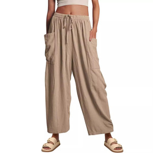 Nuovi <span class=keywords><strong>Pantaloni</strong></span> Larghi da <span class=keywords><strong>Donna</strong></span> a Vita Alta con Pieghe, in Cotone e <span class=keywords><strong>Lino</strong></span>, con Elastico in Vita, Casual, per l'Estate 2026 - Product Image 4