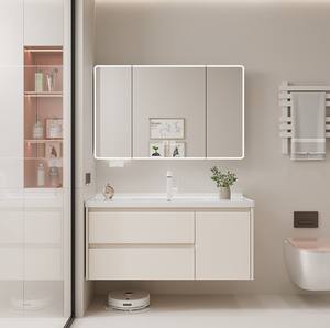Mueble de Baño Moderno de Pared en Color Blanco Crema con 2 Cajones, 1 Puerta y Espejo LED Inteligente - Product Image 4