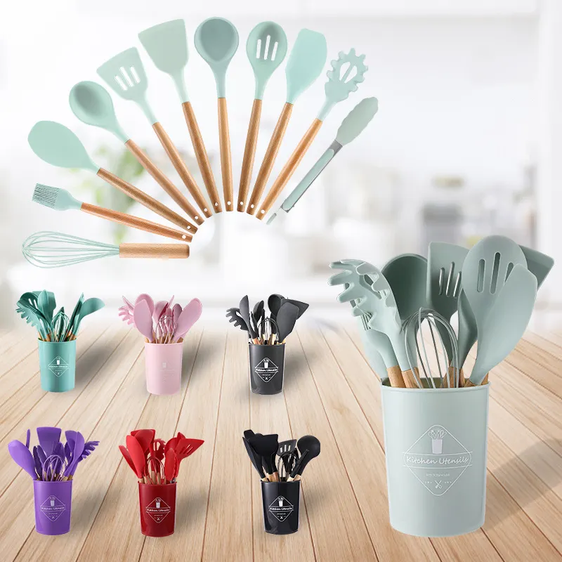 Kitchen Utensils Set 11 Pieces of Silicone Cooking Set Wooden Handle Heat Resistant Non-stick Kitchen Gadget with Holder Box