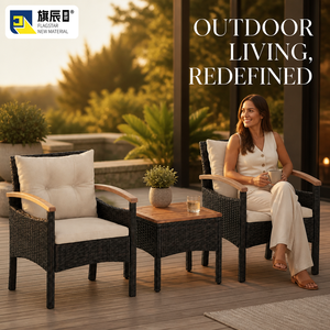 Ensemble <span class=keywords><strong>de</strong></span> meubles <span class=keywords><strong>de</strong></span> patio extérieur 3 pièces, fauteuils en osier, table d'appoint avec plateau en bois, coussin en rotin crème pour <span class=keywords><strong>jardin</strong></span> - Product Image 2