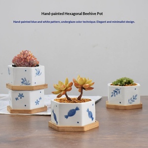 Ensemble de pots à fleurs <span class=keywords><strong>en</strong></span> céramique respirants et résistants à la corrosion, style chinois, motif floral bleu peint à la main, pour plantes succulentes, vert - Product Image 3