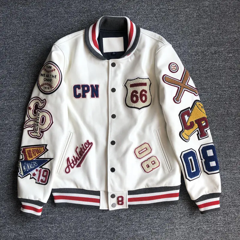 Özelleştirilmiş moda kırpma üst beyzbol ceket gevşek rahat Letterman Mens yama Polyester kırpılmış kolej ceketi