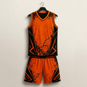 Ensemble de maillot de basket-ball pour femmes, imprimé géométrique orange et noir, sans manches, col rond, tissu respirant, spandex/nylon, vêtements de sport - Product Image 1