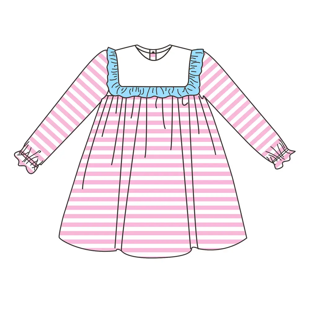 Wholesale Winter Children Valentine's Clothes Long Sleeve Pink Stripe Girls Smocked Dresses Baby Outfit Party Kids Clothing