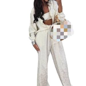 Women's Summer New Arrival: Collared Long-Sleeve Shirt & Top & Wide-Leg <b>Pants</b> Casual 3-Piece Set Fashion - Product Image 4