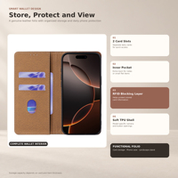Étui portefeuille en cuir véritable grain cristal pour iPhone 18 17 16 15 14 13 Pro Max avec porte-cartes RFID et support magnétique