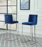 Chaise de tabouret de bar à dossier bas en velours bleu marine en acier inoxydable doré avec base et anneau de dos chromés pour café de cuisine