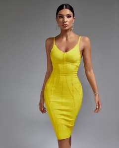 Ocstrade Fashion Women Luxury Yellow Bandage Dress Sleeveless Stretch Waist Backless Slim Elegant Maxi Evening Dress For Women
