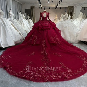 Robe de bal rouge à manches longues Xs263, robe de mariée moderne avec appliques de perles de cristal, dos nu, pour occasions spéciales - Product Image 5