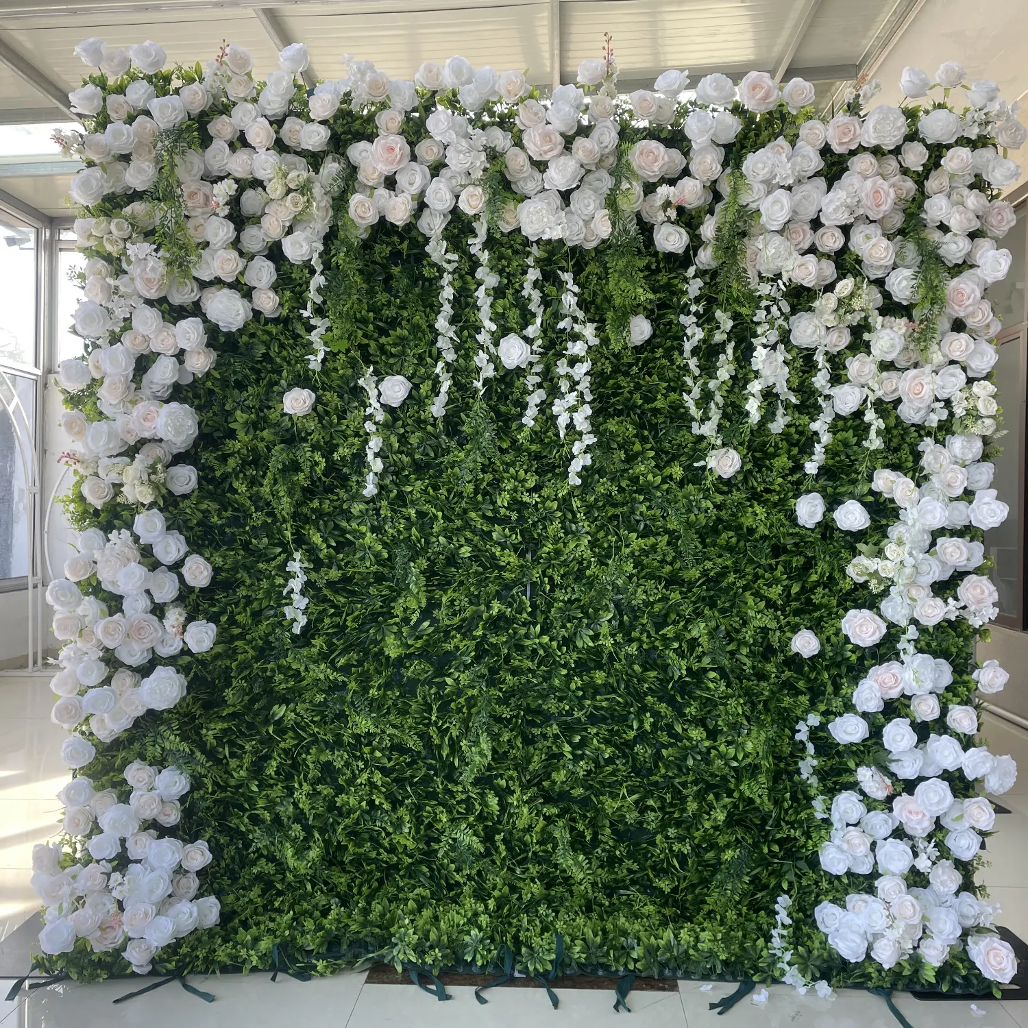 EG-VB021 tissu personnalisé tissu enroulable photomaton verdure toile de fond mariage fleur verte artificielle toile de fond murale