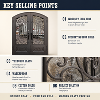 Porte d'entrée moderne en fer forgé sur mesure avec insert en verre texturé et décorations en volutes, étanche, pour villa et maison, options de couleur personnalisées