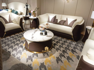 Meja Tengah Meja Kopi Marmer Bulat Putih dan Set Sofa Kulit Asli Furnitur Ruang Tamu Sofa Ruang Tamu Atas Modern - Product Image 3