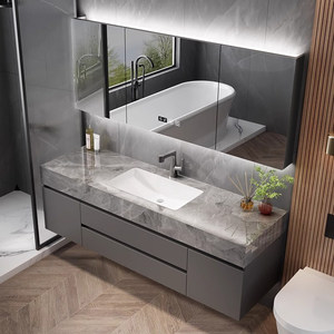 Mueble de baño moderno minimalista personalizado con lavabo de losa de roca, espejo con iluminación inteligente antivaho y montaje en pared. - Product Image 1