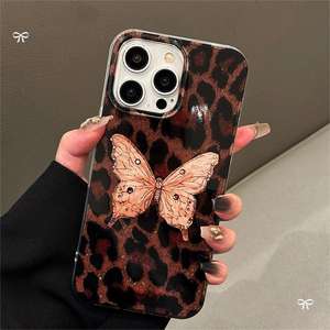 Suitable for iPhone 17 Pro Max case, <b>retro</b> glitter butterfly resin with glitter leopard print, large hole shockproof <b>phone</b> cover - Product Image 2
