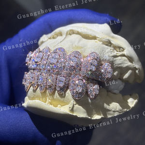 Kustom bagian atas bawah 8 10 S925 perak es keluar sempurna VVS potongan Oval Moissanite Lab berlian 10K 14K 18K padat mawar emas gigi Grillz - Product Image 3