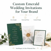 Suite d'invitations de mariage de luxe vert émeraude avec feuille botanique dorée, insert diamant, enveloppe en vélin et sceau de cire – Vente en gros