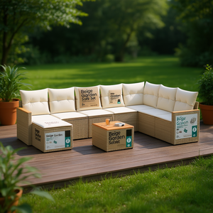 Ensemble de canapés de jardin beige, meubles en rotin d'extérieur avec coussins en mousse haute densité, design contemporain imperméable - Product Image 2