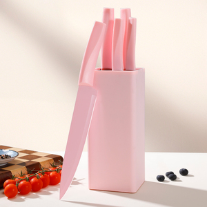 Bộ dao bếp 6 món kiểu mới bán buôn, màu hồng, phủ chống dính, thép không gỉ, kèm giá đỡ màu hồng - Product Image 2