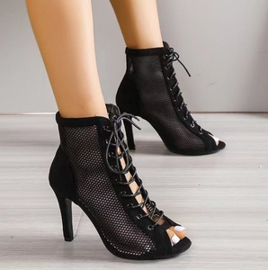 UP-4795R Sapatos de salto alto fino com cadarço para mulheres, sandálias de botins de malha de dedo aberto, tamanho 43 - Product Image 3
