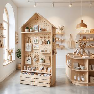Solid Wood Perforated Board Display <b>Rack</b> Wooden Commercial Cultural and Creative Display Cabinet with Wheels - Product Image 4