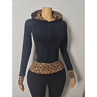 Ensemble de vêtements de détente pour femmes à imprimé léopard, 2 pièces, avec veste à capuche et pantalon contrastés, coton et élasthanne, automne, noir, logo personnalisé