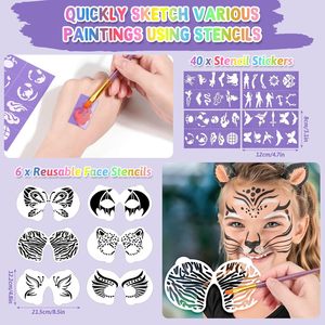 Kit de peinture pour le visage pour enfants 42 couleurs non toxiques Peinture pour le visage 16 crayons 6 pochoirs réutilisables 40 collants pour Halloween Peinture pour le visage corporel - Product Image 3